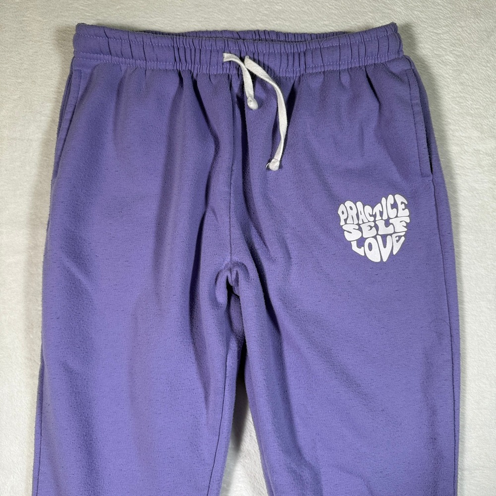 Brooklyn Cloth Purple "Practice Self Love" Heart Graphic Sweatpants Joggers Sz L
